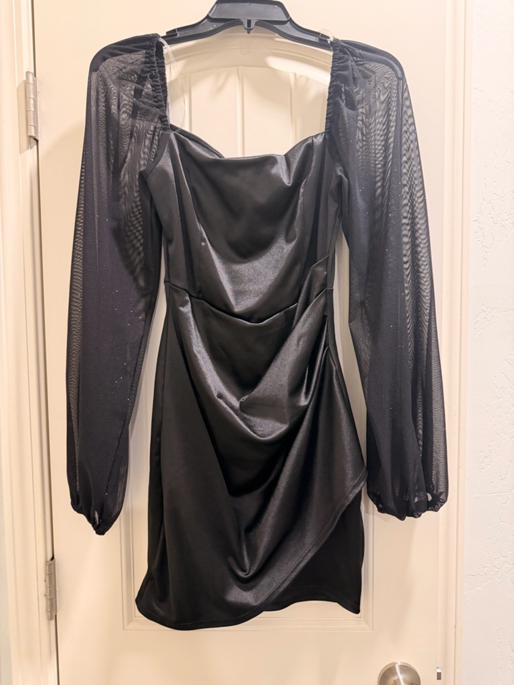 Windsor Black Satin Draped Mini Dress with Sheer Mesh Sleeves